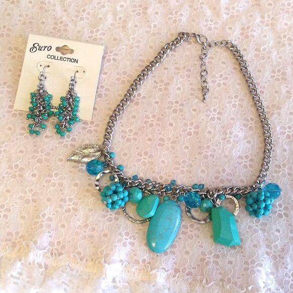 Vintage NEW Euro Collection Handmade Teal Blue Beads Silver Tone Necklace - Picture 4 of 8